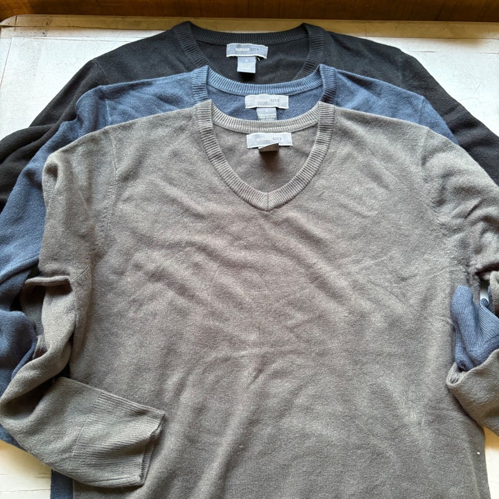 Morgan City Mens V-Neck Sweater Lot of 3 Black Blue Grey Size S 100% Polyester